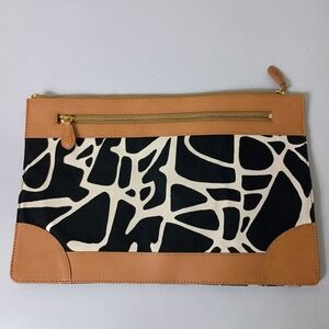 Diane Von Furstenberg Giraffe Print Canvas Pouch Clutch with Leather Trim